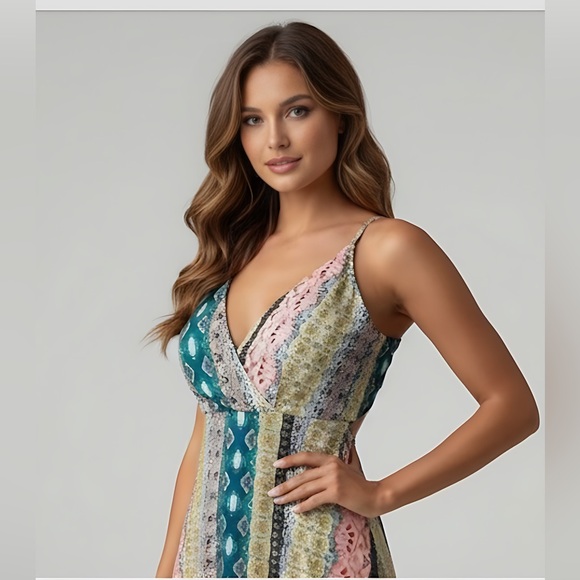 Boho Floral & Geo Print Backless Wrap Split Thigh Dress - Picture 2 of 11